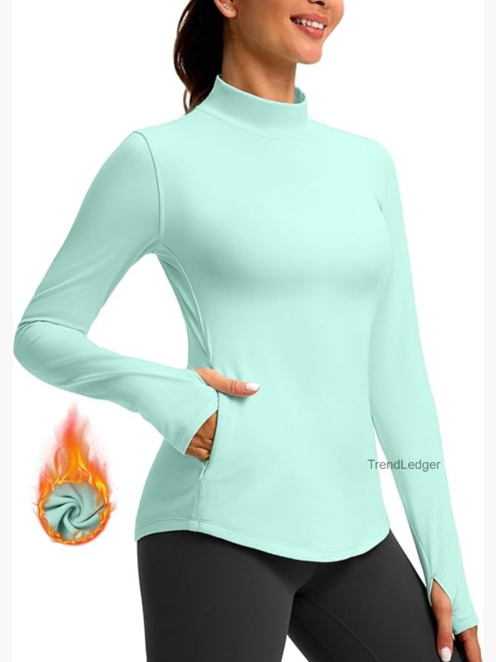Women's Fleece Lined Long Sleeve Mock Neck Thermal Top with Zipper Pocket